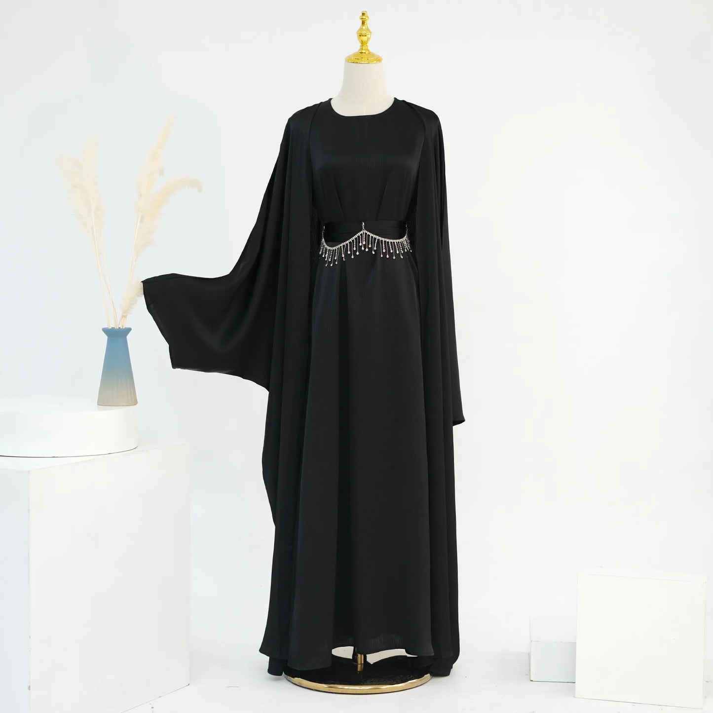 Ramadan Muslim Women 2 Piece Set with Chain Party Dresses Abaya Eid Jalabiya Sashes Diamond Morocco Dubai Kaftan Cardigan Robe.