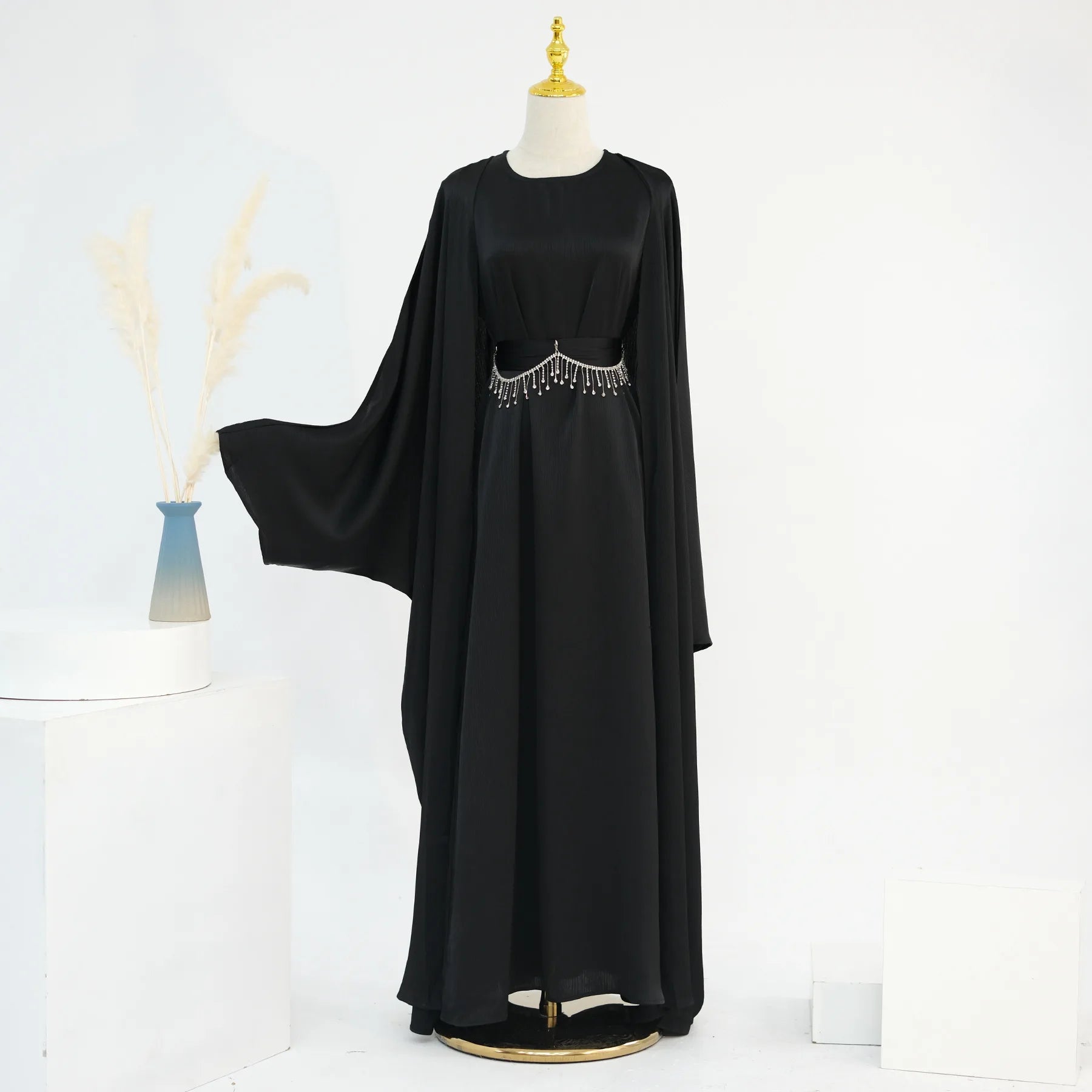 Ramadan Muslim Women 2 Piece Set with Chain Party Dresses Abaya Eid Jalabiya Sashes Diamond Morocco Dubai Kaftan Cardigan Robe.