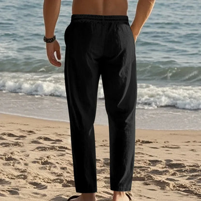 2024 drawstring men's simple fashion solid color casual cotton and linen straight trousers.