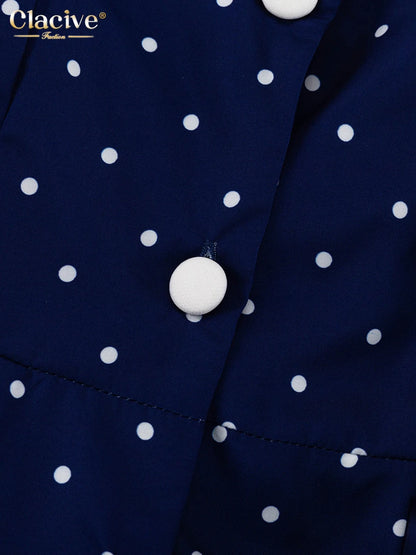 Clacive Mode Lose Druck Frauen Kleid 2025, Casual Revers Langarm Büro Dame Midi Kleider Elegante Klassische Gürtel Weibliche Kleid
