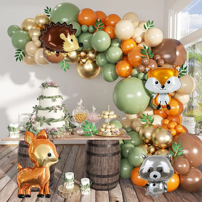 Woodland Animals Balloon Garland Arch Set, 148 Pieces Forest Theme Gray Green Brown Balloon Forest Animal Neutral Gender Reveal Party Supplies Oh Baby Jungle Decoration