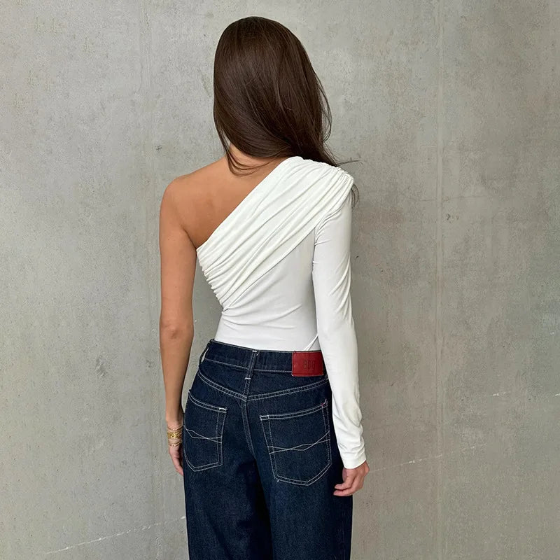 Solid Color Casual Temperament Commuter Asymmetrical Design With Sloping Shoulders Long-sleeved Tops Jumpsuits are Sexy Summer.