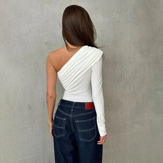 Solid Color Casual Temperament Commuter Asymmetrical Design With Sloping Shoulders Long-sleeved Tops Jumpsuits are Sexy Summer.