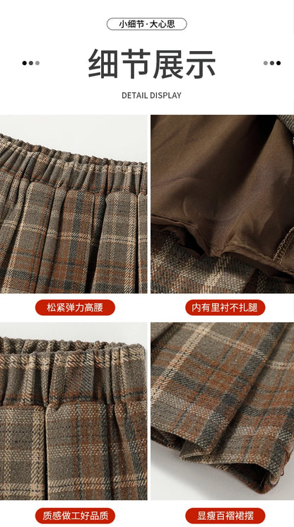 Preppy Style Woolen Pleated Plaid Skirt Women Fall Winter Retro Elastic High Waist Skirts Female Japanese A Line Faldas 2025 New.