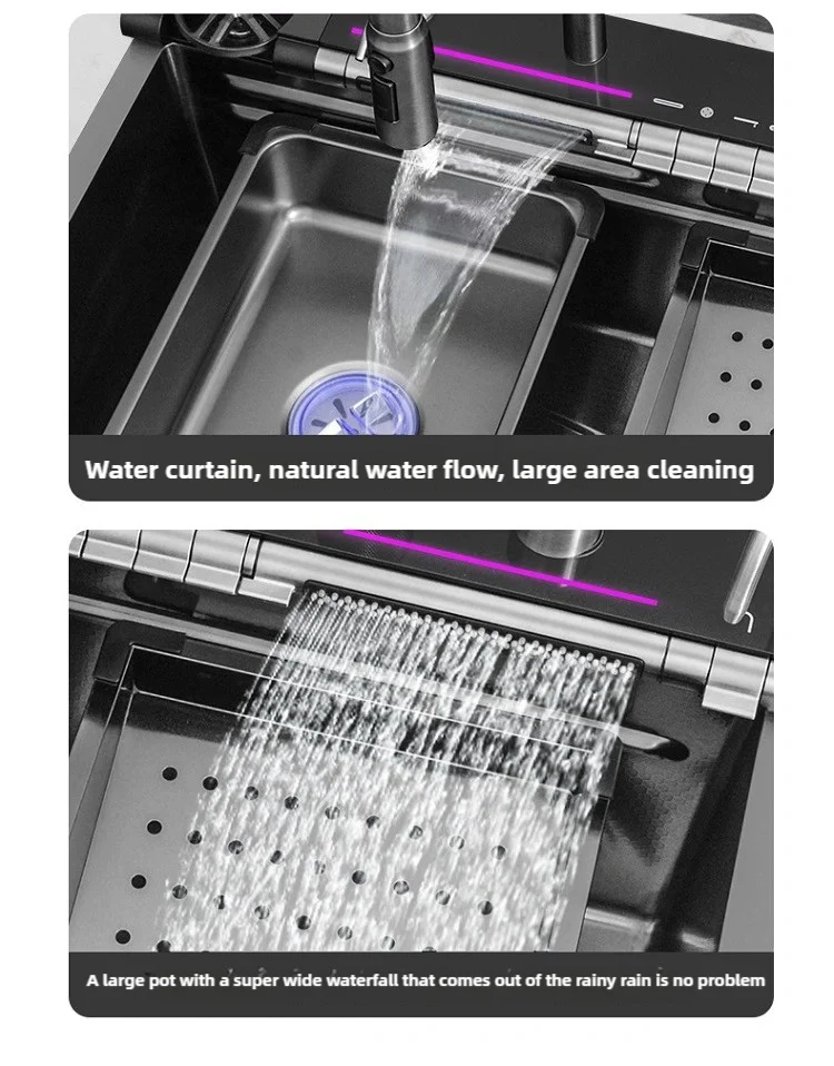 Stainless Steel Kitchen Sink Waterfall Faucet Large Single Sink Intelligent Dishwasher Sink Digital Display and Light Effects