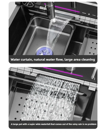 Stainless Steel Kitchen Sink Waterfall Faucet Large Single Sink Intelligent Dishwasher Sink Digital Display and Light Effects