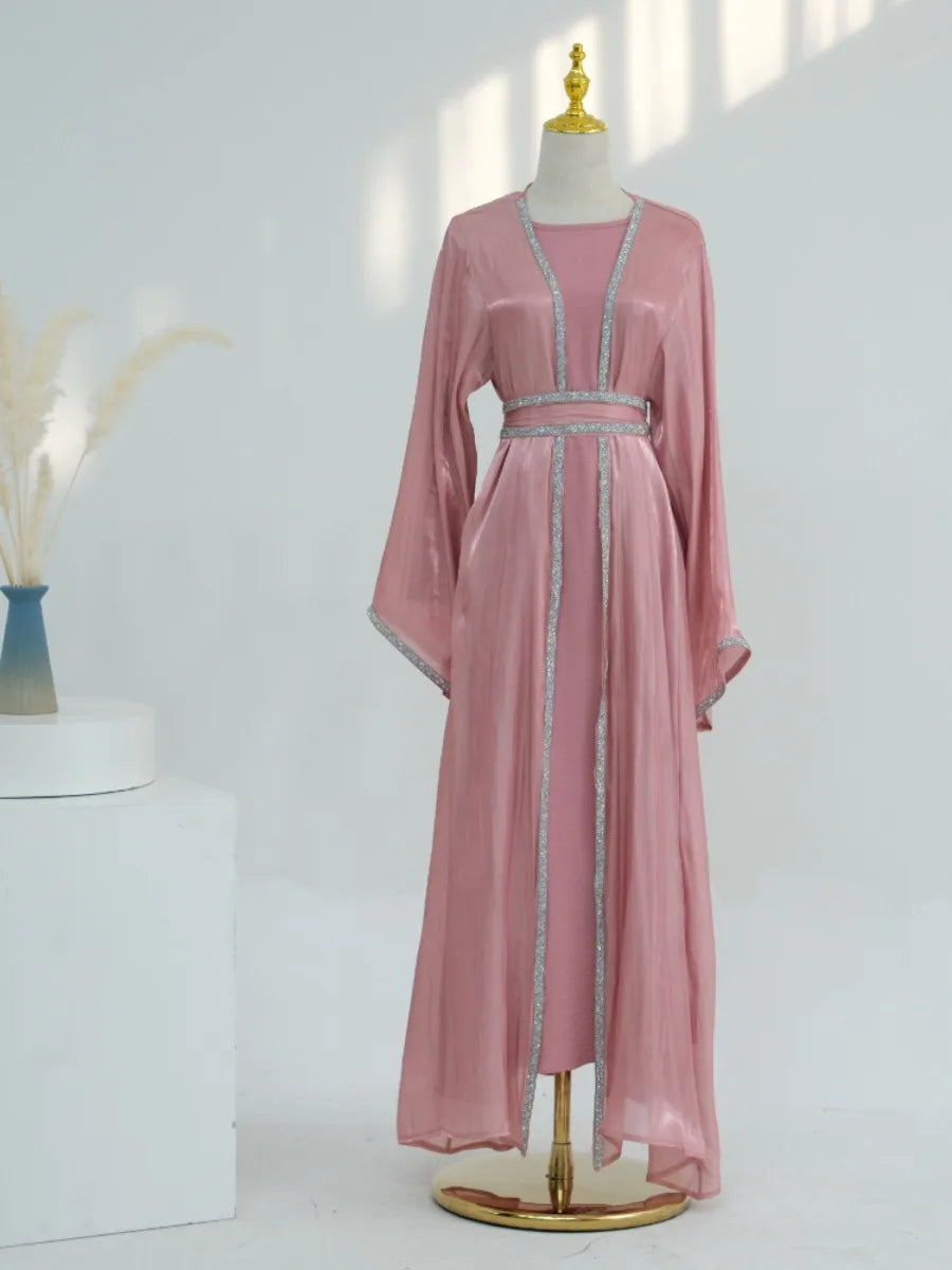 Muslim Abaya for Women Eid Dress 2 Piece Set Diamond Morocco Ramadan Lace-up Abayas Kaftan Islam Cardigan Dubai Arab Long Robe