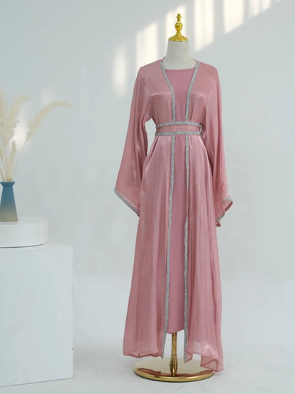 Muslim Abaya for Women Eid Dress 2 Piece Set Diamond Morocco Ramadan Lace-up Abayas Kaftan Islam Cardigan Dubai Arab Long Robe