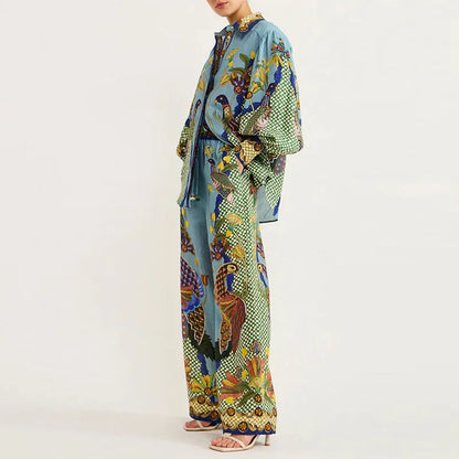 Autumn Women Bohemian Print Lapel Button LongSleeve Shirt+Loose Wide Legs Trousers Set Conjunto Dos Piezas Mujer Elegante Casual.