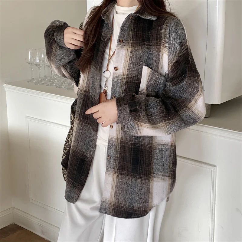 Zjaiss Women Thick Woolen Plaid Blouse Loose Long Sleeved Tops 2025 Autumn Winter New Casual Shirt Long Shirts.