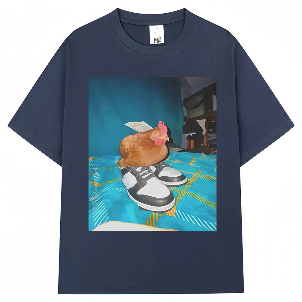 Funny Dripped Out Chicken Meme Print T-shirts Humor Chicken with Shoes Men Women T Shirt Creativity Popular Loose Cotton T-shirt.