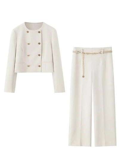 HH Women Solid Pant Set Long Sleeve O-Neck Double-Breasted Blazers+High Waist Chain Matching Side Zipper Trousers Sets.