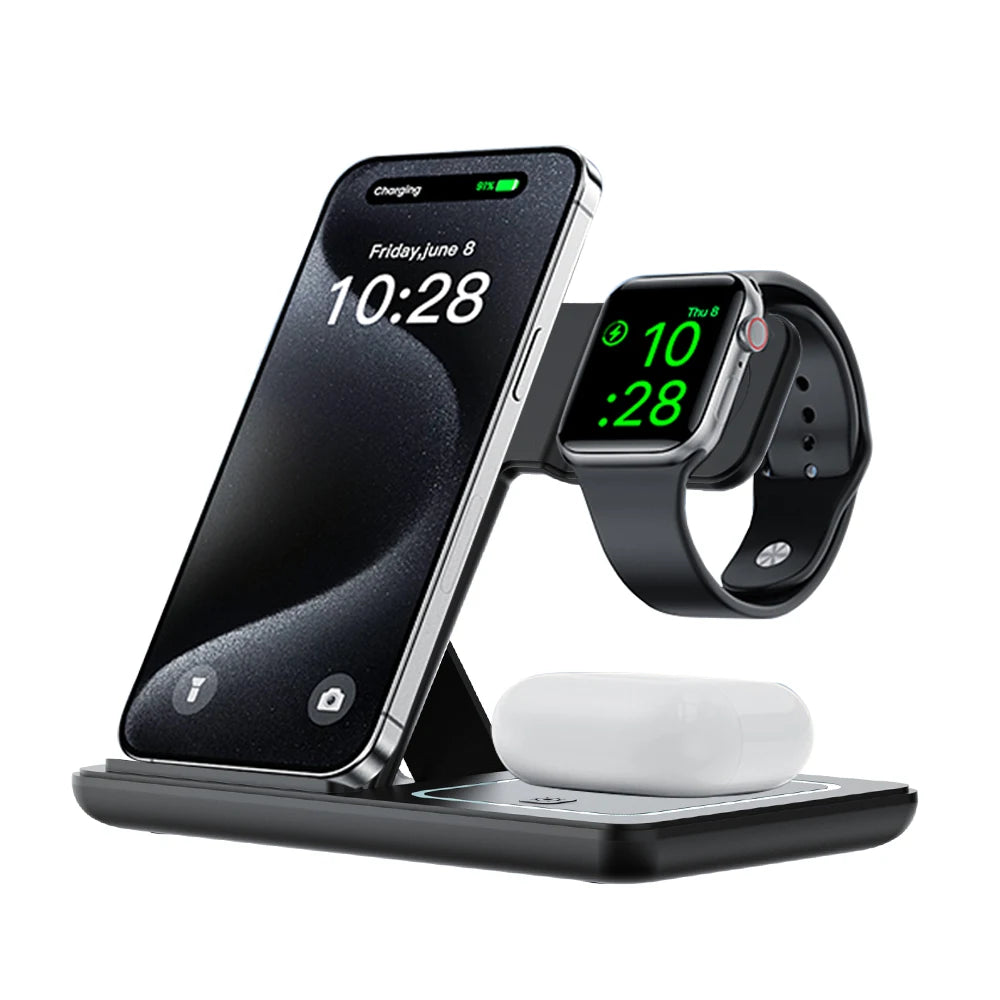 100W Foldable 3 in 1 Night Light Wireless Charger Stand For iPhone Apple Watch 2-8 SE Airpods Pro Fast Charging Station.