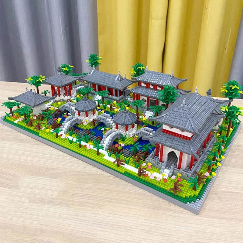 Lezi Architecture Ancient Pavilion Temple Tower Lake Garden Gate LED Light Model Mini Diamond Blocks Bricks Building Toy no Box.