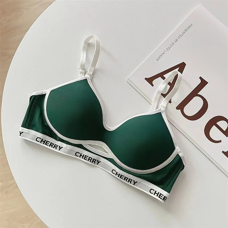 Summer Striped Lettering Light Face Gathered Anti-sagging Casual Black Bra No Scar Underwear Women No Steel Ring Bra.