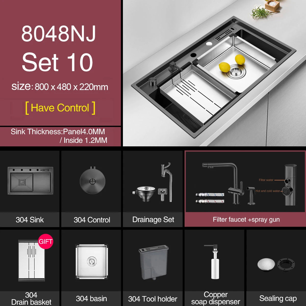 ASRAS Nanometer Handmade Sinks 4mm Thickness 220mm Depth SUS 304 Stainless Steel Luxury Stepped Kitchen Sinks