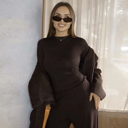 Apprabant Solid Pleated Casual Basic Trousers Set Round Neck Long Sleeve Top Fashion Sports Style High Waist Wide Leg Pants Suit