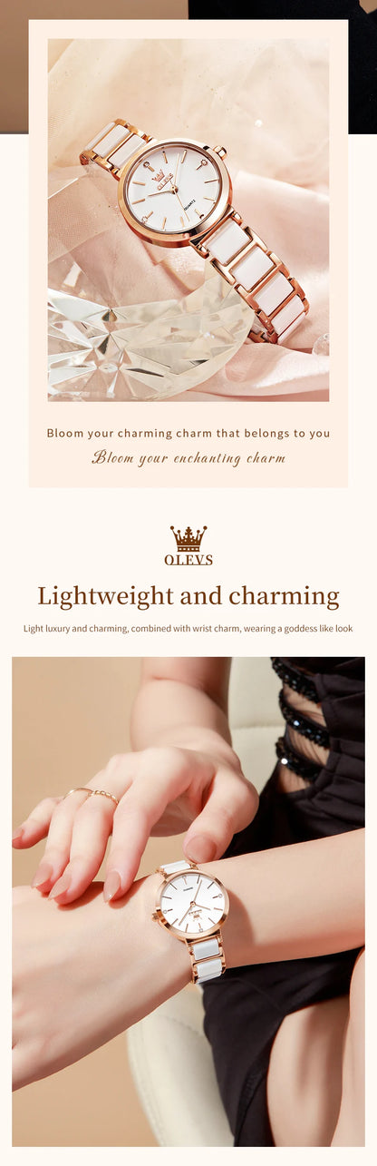OLEVS 5877 Japan Quartz Movement Woman Watch Simple Elegant Luxury Rose Gold Ceramics Strap Waterproof Ladies Dress Wristwatch.