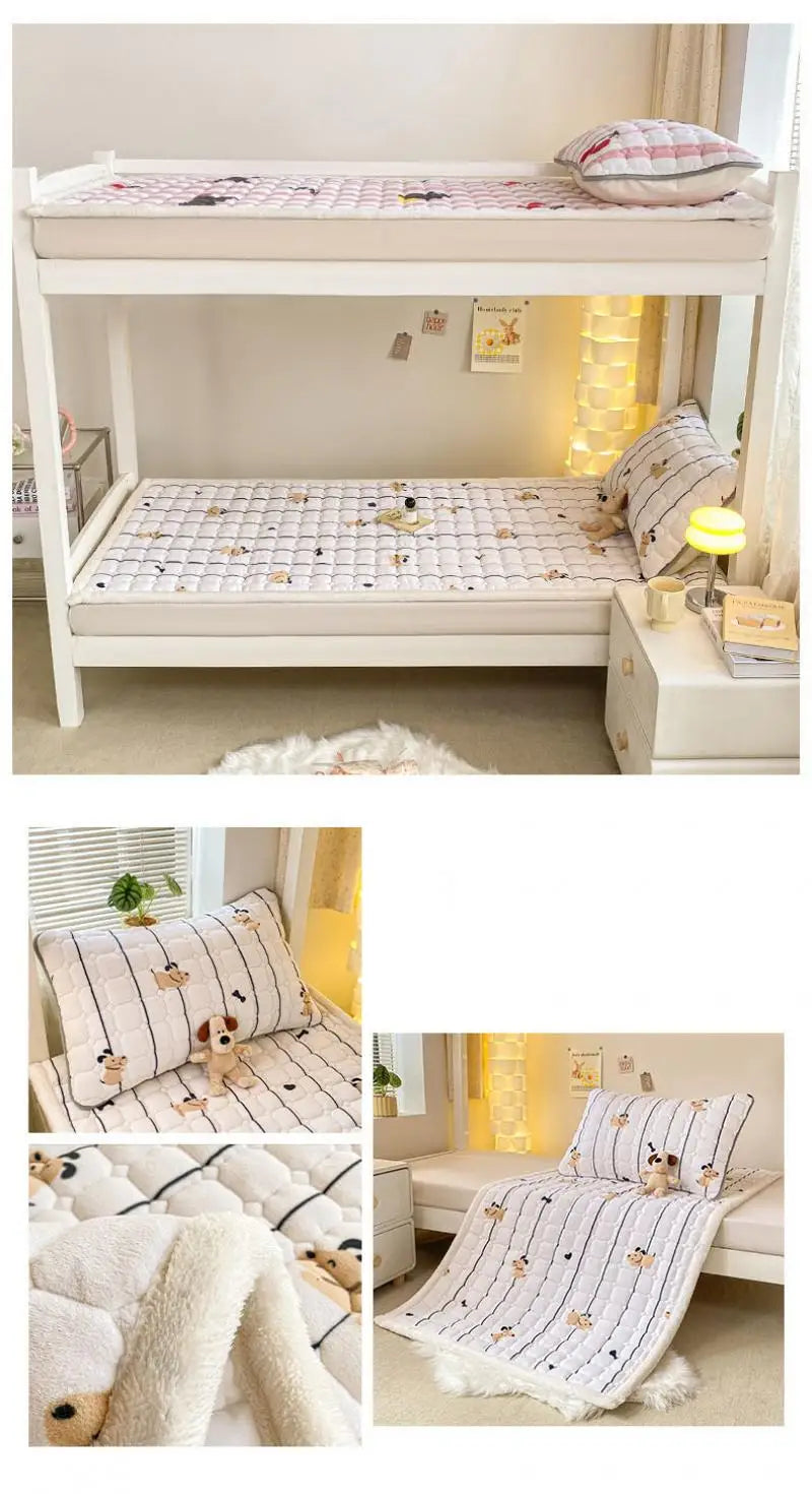Cartoon Printed Warm Bed Mattress Super Soft Cozy Milk Velvet Single Bedding Protector Thick Tatami Mats for Autumn and Winter.
