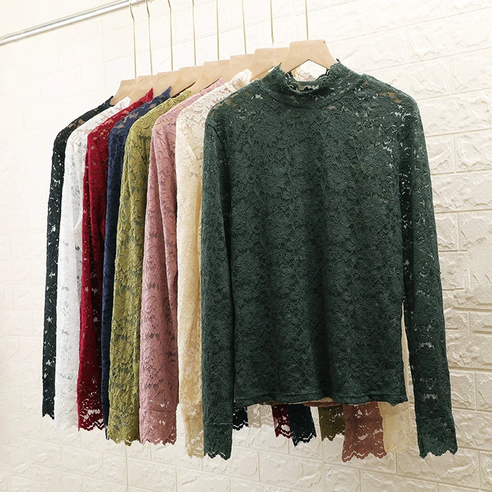 Stretch Floral Lace Petal Sleeve Shirt Women's Long Sleeved S-3XL T Shirt Ladies Perspective Blouse Tops Sexy Lace Tees Clothing.