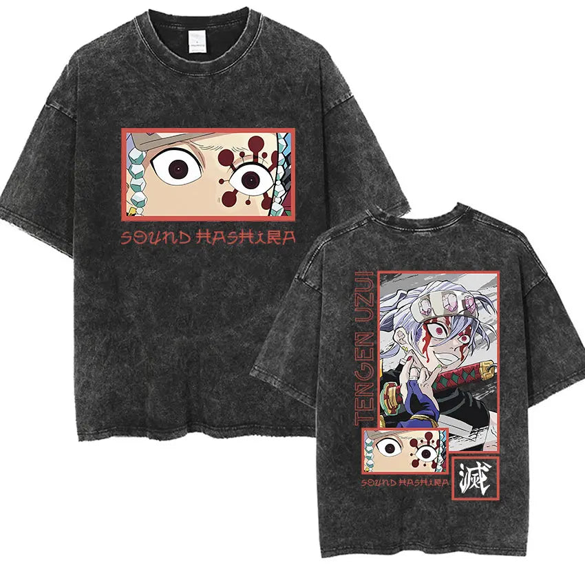 Japanese Anime Demon Slayer Uzui Tengen Vintage Washed T Shirts Funny Ninja Mice Muki Muki Gym Muscular Mouse Oversized T-shirt