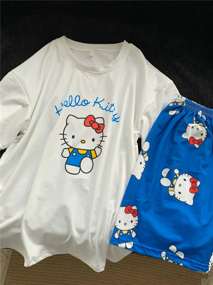 Hello Kitty Pyjamas für Damen, kurzärmelig, Freizeitkleidung, Heimkleidungsset, Cartoon-Süßes Mädchen, Geburtstagsgeschenke.