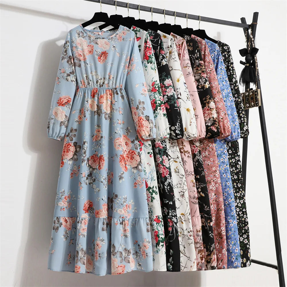 Women Floral Printed Maxi Dresses Spring Summer Casual O Neck Full Sleeve High Waist A Line Boho Beach Party Long Dress Vestidos.