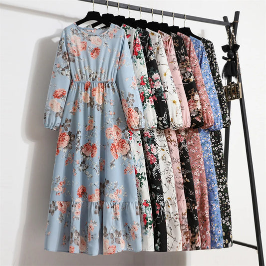 Women Floral Printed Maxi Dresses Spring Summer Casual O Neck Full Sleeve High Waist A Line Boho Beach Party Long Dress Vestidos.