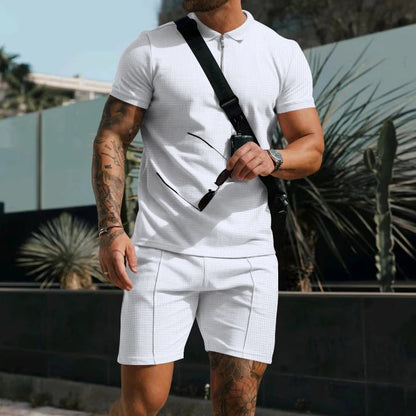 Men's Comfortable Short-Sleeved Waffle Polo Shirt And Shorts Set - Breathable Lightweight Spring/Summer Clothing