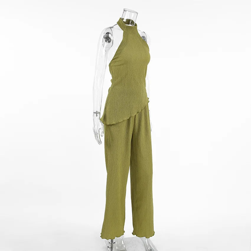 Tuularose Hanging Green Pants Set Sleeveless Backless Personality Temperament Commuter Two-piece Set Summer New Women Pants Set.