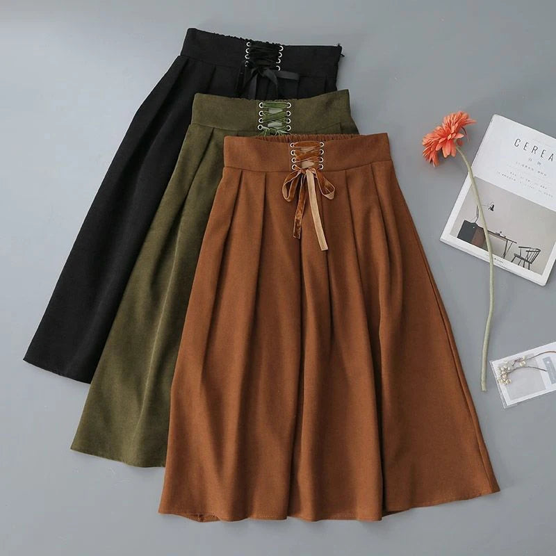 Preppy Style Vintage Long Skirts Women High Waist Sweet Loose A Line Skirt Lace Up Retro Fall Winter Female Elegant Long Skirts.