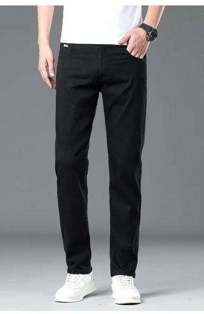 Summer Lyocell Ultra-thin Jeans Men Straight Stretch Breathable Denim Pants Fashion Business Casual Male Trousers Black Gray.