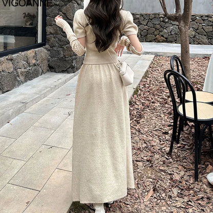 VigoAnne Spring Autumn 2025 Turtleneck Knit Woman 2 Piece Set Casual Solid High Waist Skirts Suits Korean Lady Long Dress Suit.