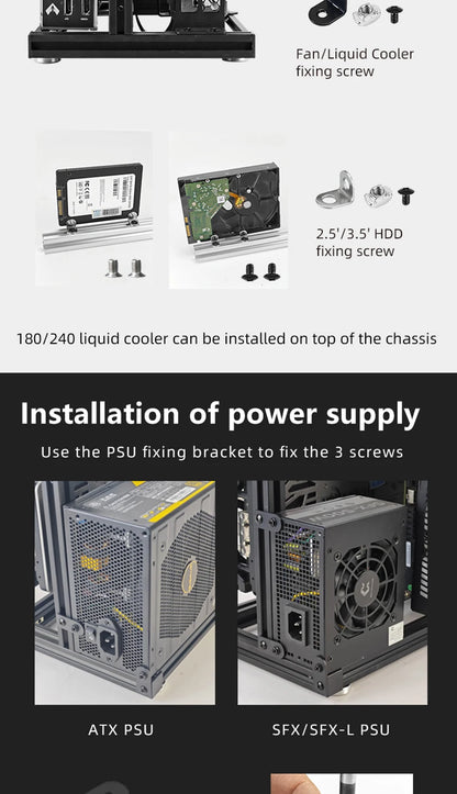 METALFISH ITX A4 Aluminum Open Frame Case, Vertical GPU, 240mm Cooler, Mini-ITX Compatible, DIY Gaming PC.