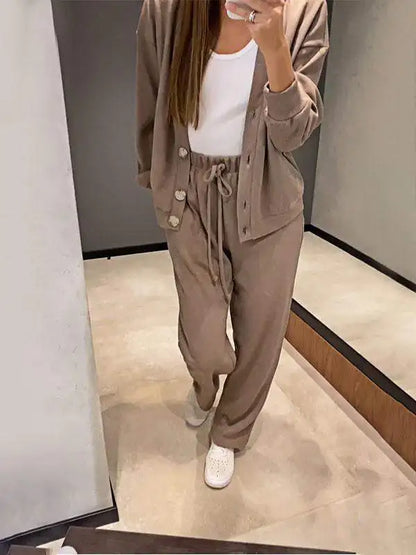 Autumn Fashion Knitted Cotton Women's Sports Jacket Suit Simple Trousers Pocket Casual Cardigan Elegant 2-piece Set Female