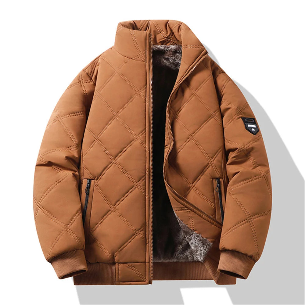 New Windproof Thermal Diamond-Quilted Cotton Jacket Winter Men's Fleece-Lined Thickened Cuff Design Stand-Up Collar Jacket