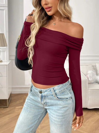 Off-The-Shoulder Women's Blouses Autumn Tops Fashion Patchwork Slim Solid Color Long-Sleeve Female's T Shirts Sexy Y2K Tops 2025
