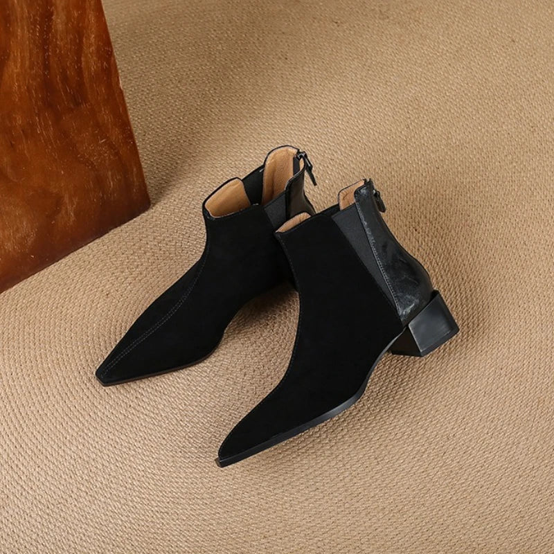 Autumn Winter Women Thick Heel Ankle Boots Elegant Back Zippers Shoes Modern Leather Suede Splicing Short Botas Para Mujer.