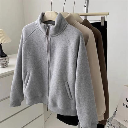 Women Autumn Winter Sweatshirt Coat Zip Up Solid Long Sleeve Stand Neck Jacket Lady Fashion Casual Street Vintage Coats Outwear.