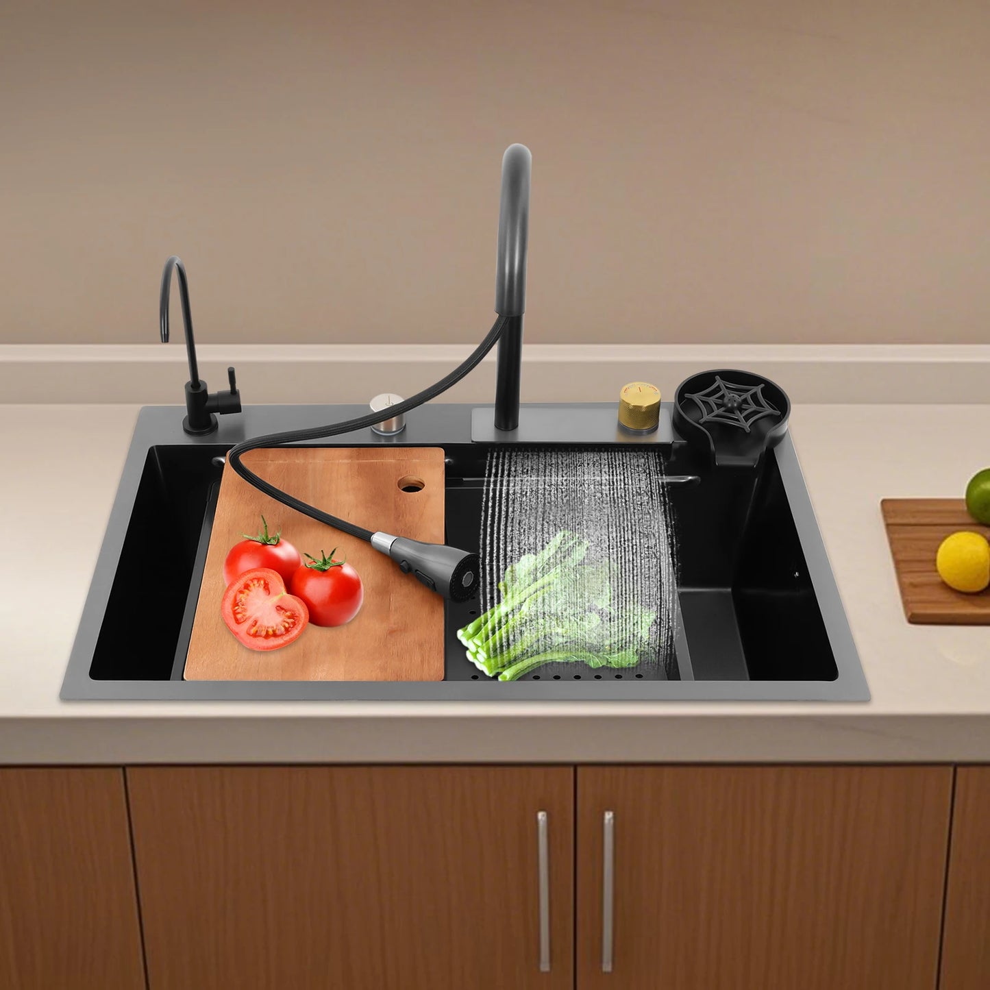 Edelstahl-Küchenspüle, Doppelbecken, Nano-Wabenstruktur, verstopfungssicher, mit ausziehbarem Wasserhahn für Zuhause, Restaurant, Bar