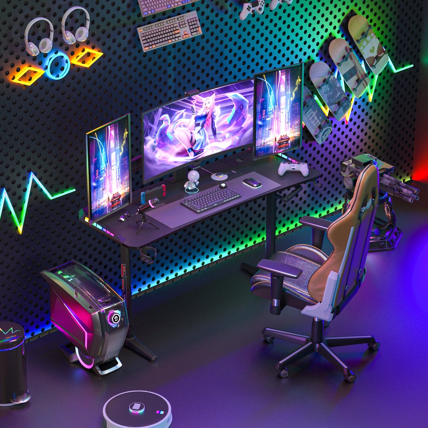 Höhen verstellbarer Gaming-Schreibtisch Stehpult, großer Gaming-Computer-Schreibtisch mit RGB-LED-Leuchten für Spiele und Home Office, schwarz