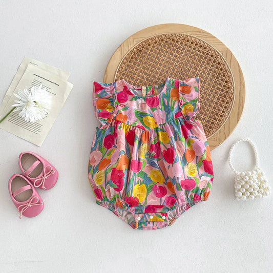 MILANCEL 2025, Sommerkleidung für Babys, Mädchen, Rüschenärmel, Kleinkind-Mädchen-Bodys, Tulpenmuster, Einteiler für Kleinkinder
