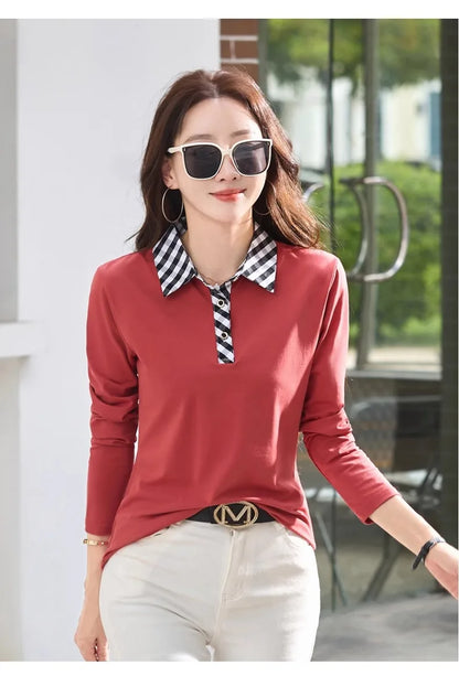 European station lapel long sleeved t-shirt women's new high-end fashion light luxury casual plus size spring and autumn top