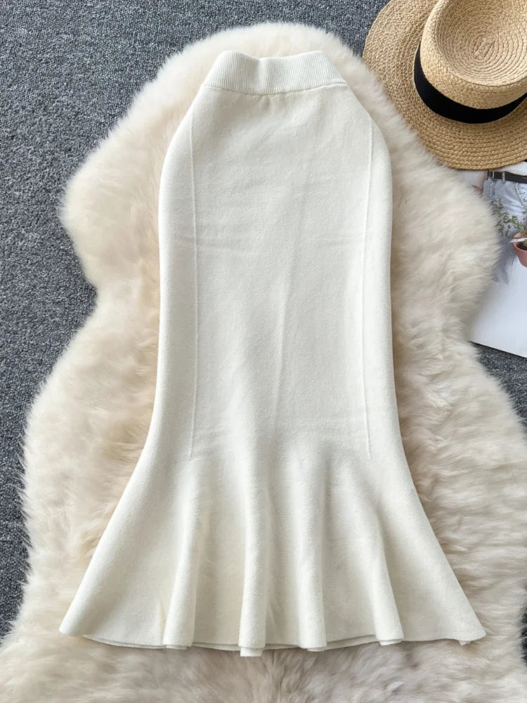 High Waisted Vintage Knitted Skirt Women Ruffled Slit Fishtail Office Midi Skirts Autumn Winter Woolen Skirt