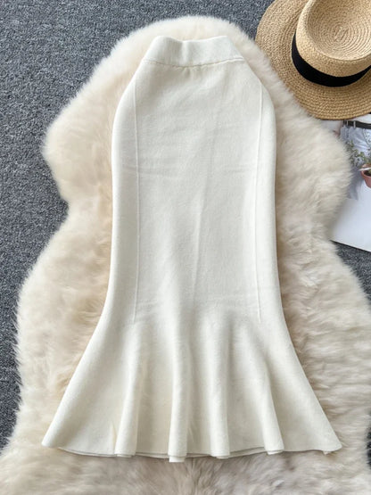 High Waisted Vintage Knitted Skirt Women Ruffled Slit Fishtail Office Midi Skirts Autumn Winter Woolen Skirt