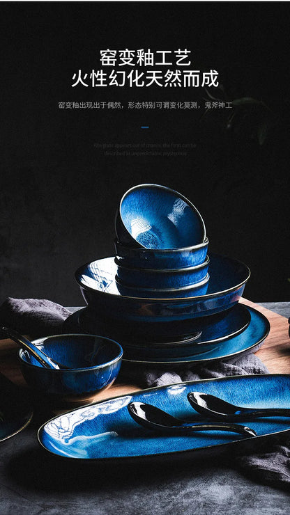 Japanese Blue Kiln Change Ceramic Tableware American Tableware Retro Household Dishes Set Rice Bowl Dishes Restaurant Plate.