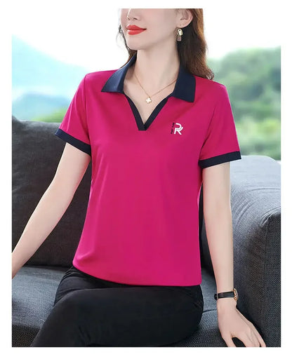 Women's Slim Fit Polo Shirt Short Sleeve T-Shirt Casual Sporty Loose Fashionable Summer Top Turn-down Collar Comfortable.