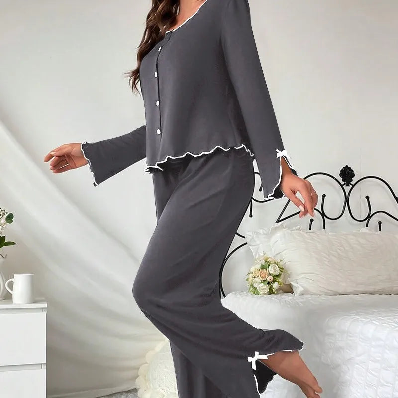 Europe hot-selling new pajamas black fungus edge long-sleeved trousers two-piece set comfortable high-end loungewear.