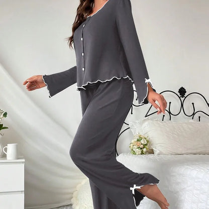 Europe hot-selling new pajamas black fungus edge long-sleeved trousers two-piece set comfortable high-end loungewear.