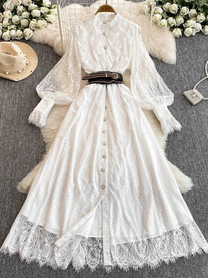 Neue Frühling Herbst Spitze Kleid für Frauen Weiß Schwarz Elegante Taille Langarm Stil Geburtstag Party Kleid Weibliche C186.